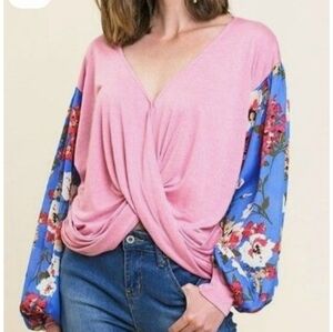 NWT Umgee Pink and Blue Floral Cross Over Top Size Medium